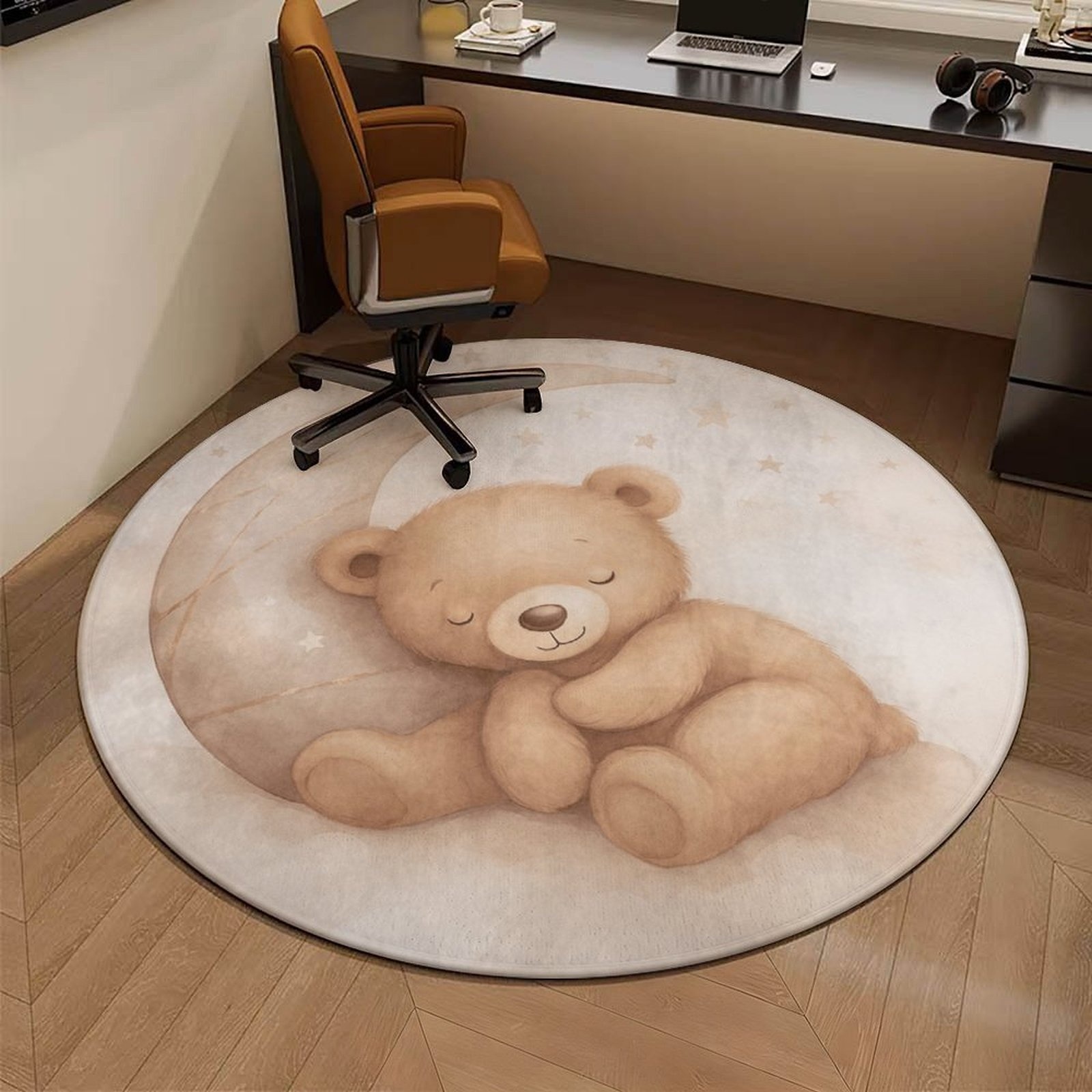 Baby Nursery Rug - Adorable Teddy Bear Moon Plush Round