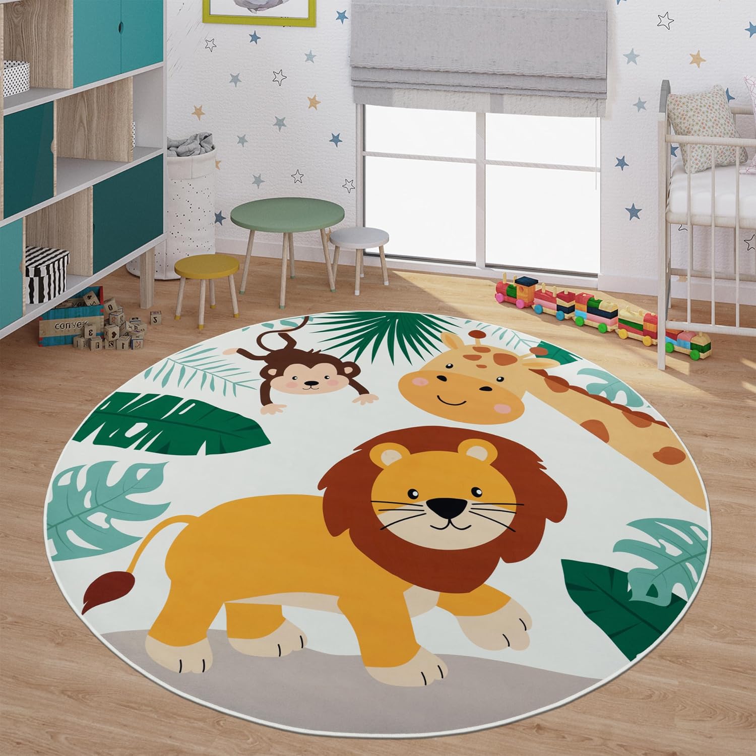 Baby Nursery Jungle Rug - Soft Round Jungle Animal Print Kids